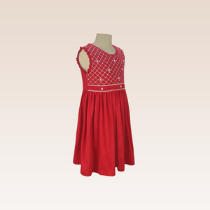 Amanda Girls Red Sleeveless Ruffled Dress Full Smocked and Embroidery