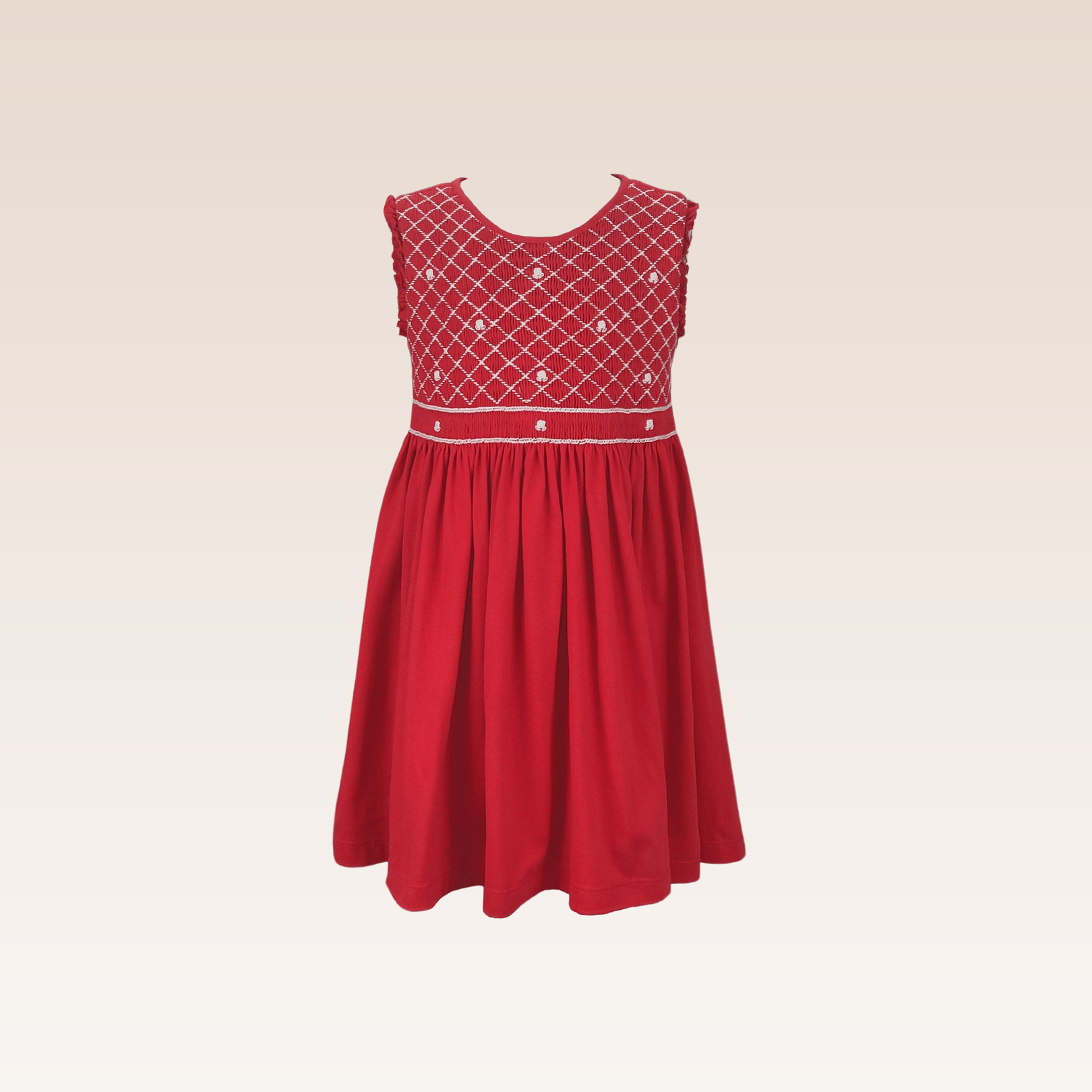 Amanda Girls Red Sleeveless Ruffled Dress Full Smocked and Embroidery
