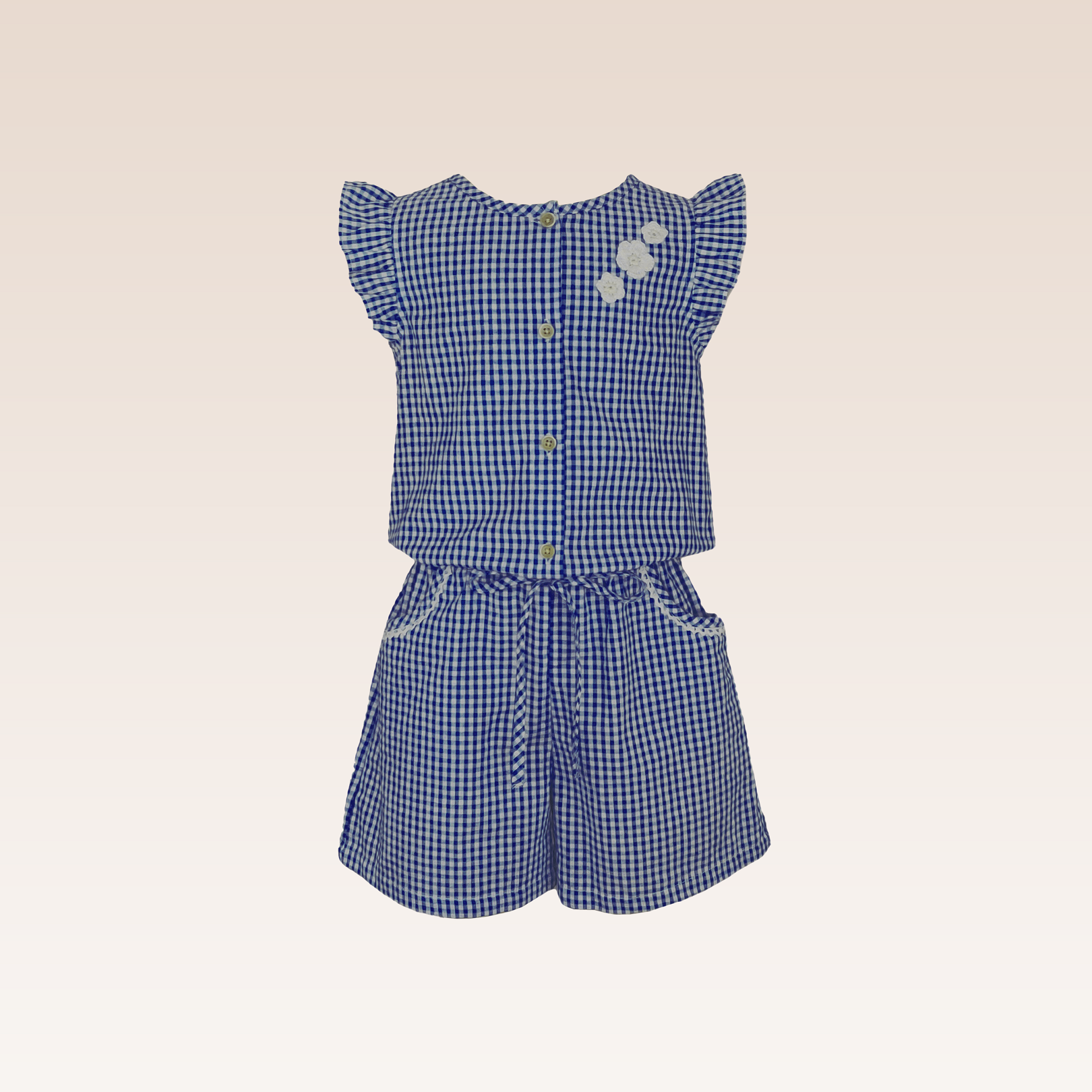Irene Girls Blue Checked Romper with Crochet Appliqués