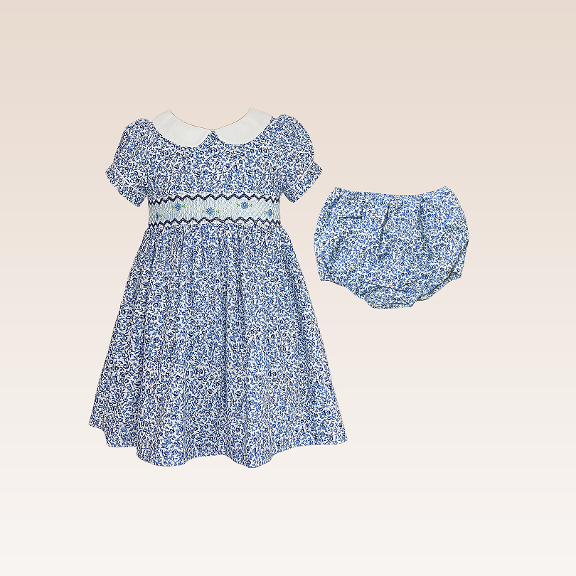 Drew Baby Girl Navy Blue Floral Print Smocked Dress with Diaper cover