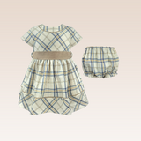 Molly Baby Girls Beige Belted Checkered Dress with Diaper Cover