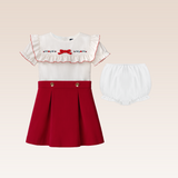 Sue Baby Girls  Red Curdoroy Ruffled Dress with Embroidery