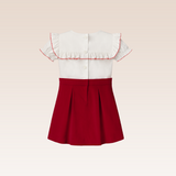 Sue Red Curdoroy Ruffled Dress with Embroidery