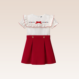 Sue Red Curdoroy Ruffled Dress with Embroidery