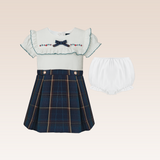 Sue Baby Girls Dark Green Curdoroy Ruffled Dress with Embroidery