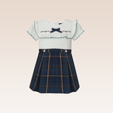 Sue Girls Dark Green Curdoroy Ruffled Dress with Embroidery