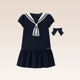 Tayla Girls Navy Sailor Drop Waist Dress with Bow Clip