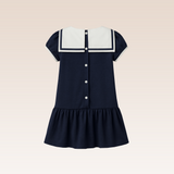 Tayla Girls Navy Sailor Drop Waist Dress with Bow Clip