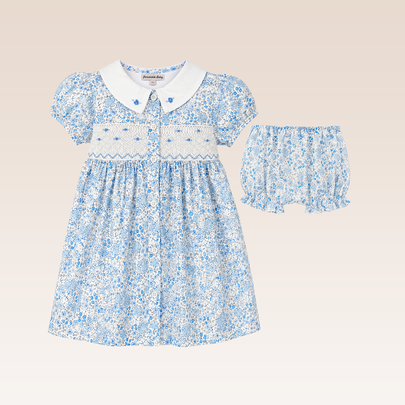 Noona Baby Girls Blue Smocked Dress