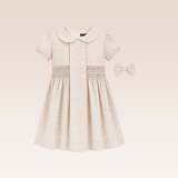Sonya Girls Beige Checkered Smocked Dress with Hairclip