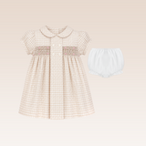 Sonya Baby Girls Beige Checkered Smocked Dress