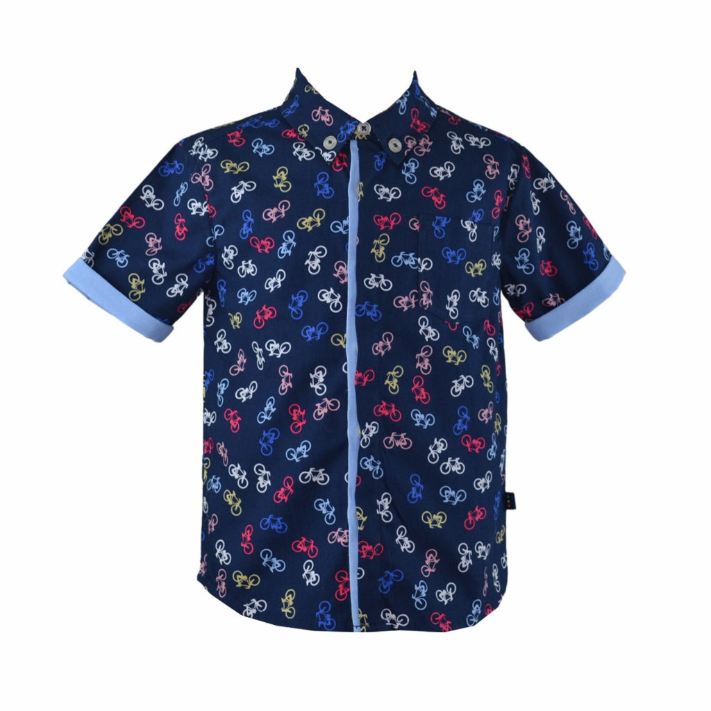 Andres Boy Navy Blue Printed Bicycle Button-down Shirt