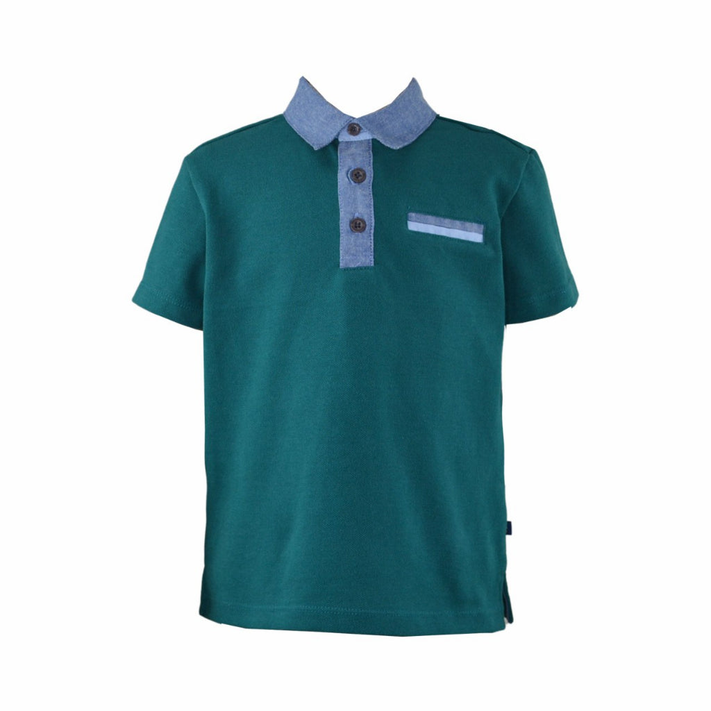 Bastian Boys Green Polo Pique Shirt with Chambray Combination