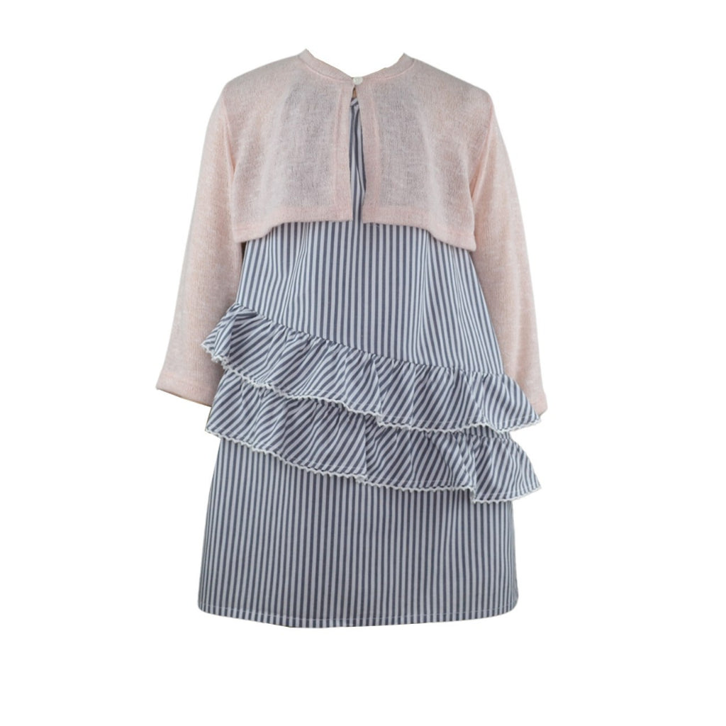 Adrienne Girls Gray Striped Dress with ruffles and a Knitted Cardigan set