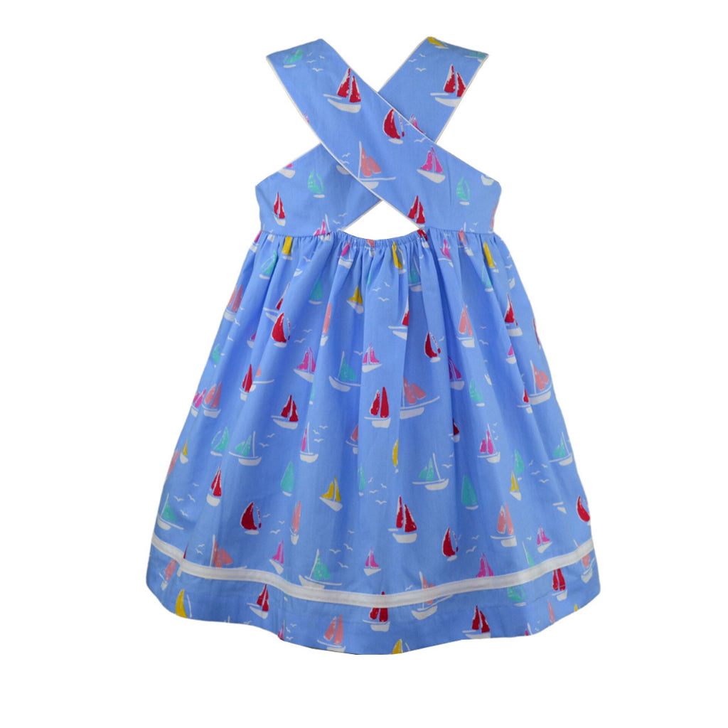 Lauraine Baby Girl Blue Sailboat print dress w/diaper cover and crisscross back details