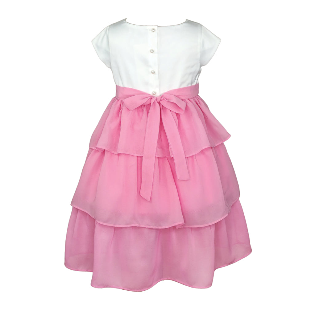 Sophie Girl Pink Party Dress Tiered Skirt with Embroidered Flowers