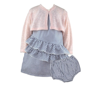 Adrienne Baby Girl Gray Striped Dress with ruffles and a Knitted Cardigan set