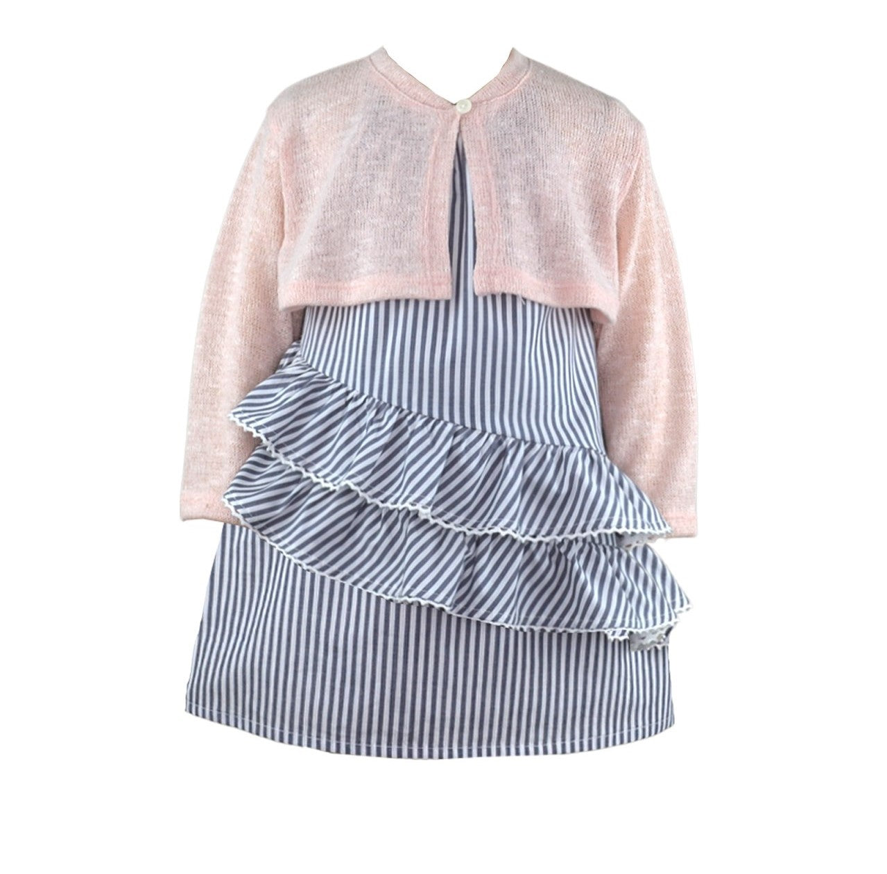 Adrienne Baby Girl Gray Striped Dress with ruffles and a Knitted Cardigan set