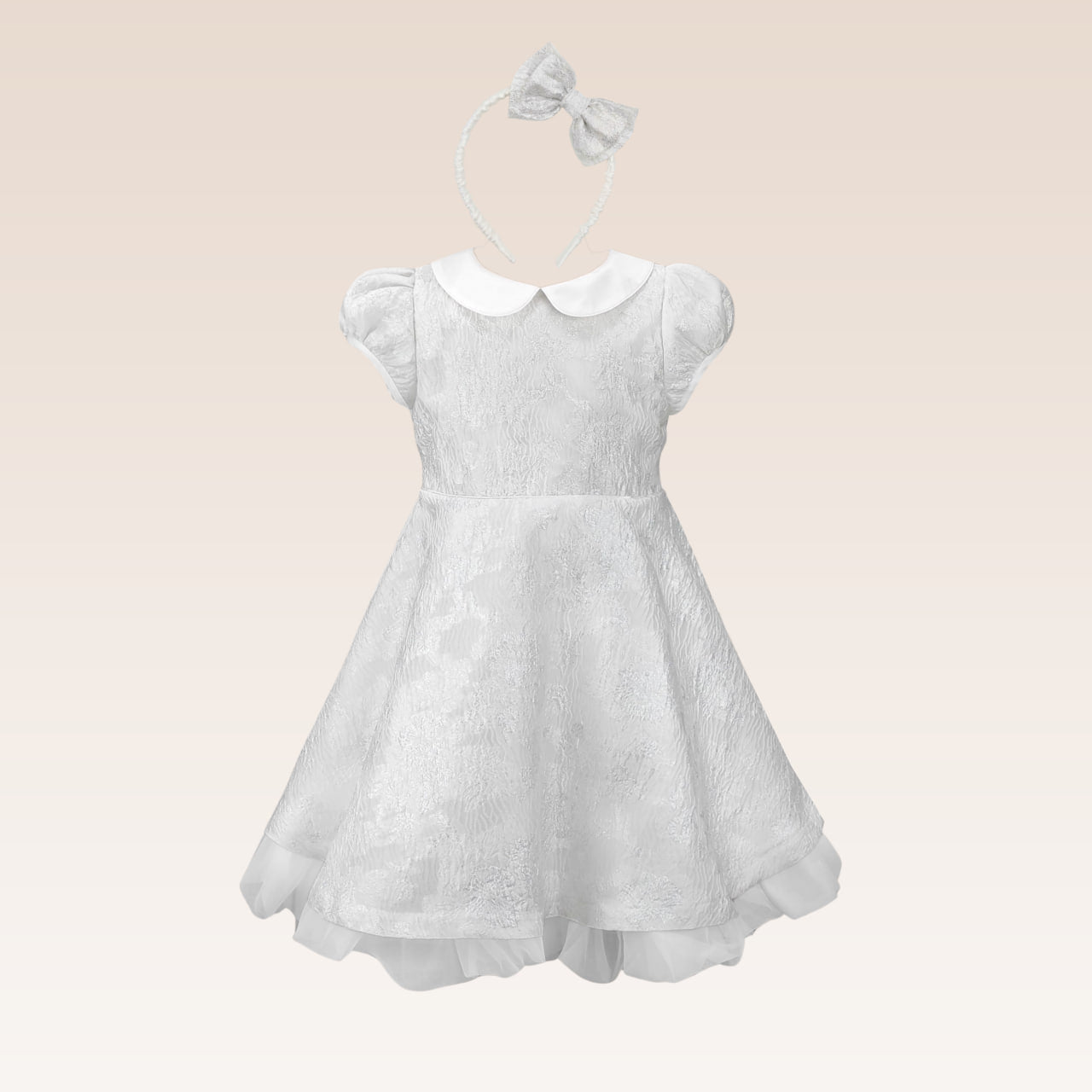 Georgette Girls Silver Jacquard Party Dress with Tulle underlay Skirt with Headband