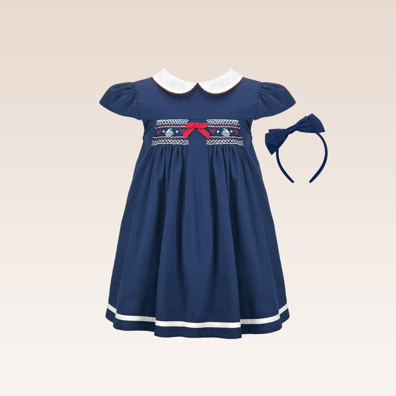 Inaya Girls Navy Blue Collared Dress with Hand Smocked Design Front with Headband