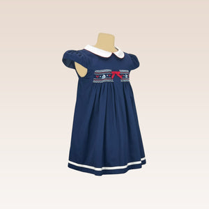 Inaya Girls Navy Blue Collared Dress with Hand Smocked Design Front with Headband
